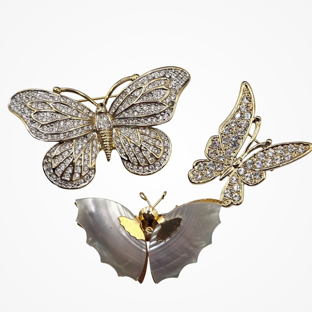 Vintage Rhinestone Butterfly Brooch 3pc Lot Gold Tone Shell Wings Whimsical Pins